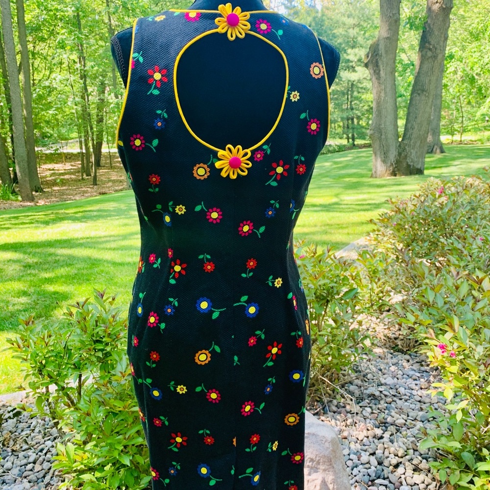 🎉HP Vintage Floral Daisy Asian Frog Knot Button Black Yellow Knit 80s 90s Dress